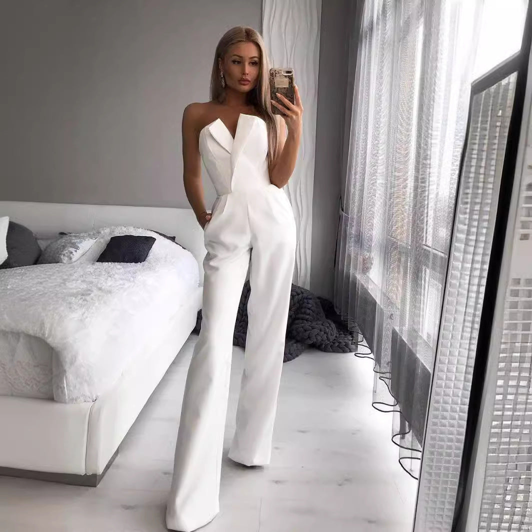 Damebuksedragt – Figursyet Pasform – Stropløs Asymmetrisk Hals – Vide Ben Elegant Stil