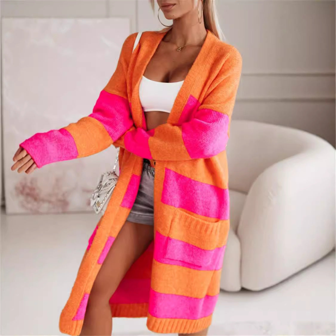 Women's Cardigan – Oversized Fit – Long Open Front – Ribbed Cuffs – Striped Design