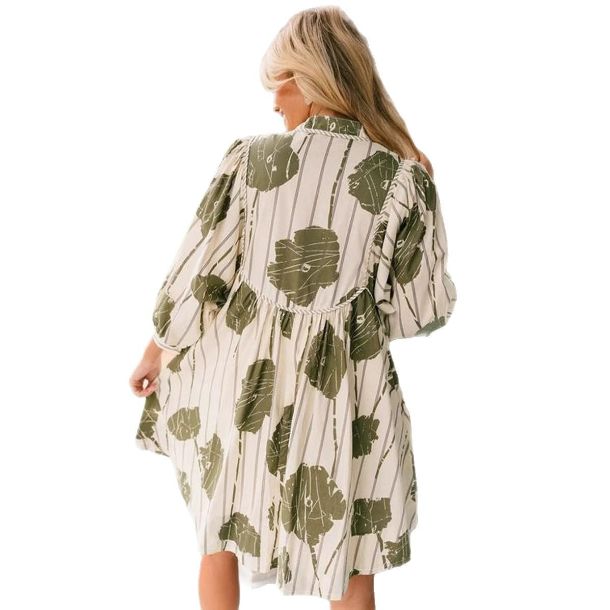 Women's Short Dress – Flowy Fit – Puff Sleeves – V-Neck – Defined Waist – Floral
