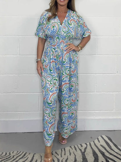 Women's Jumpsuit – Relaxed Fit – Wide Legs – V-neck – Breathable Material – Boho Print