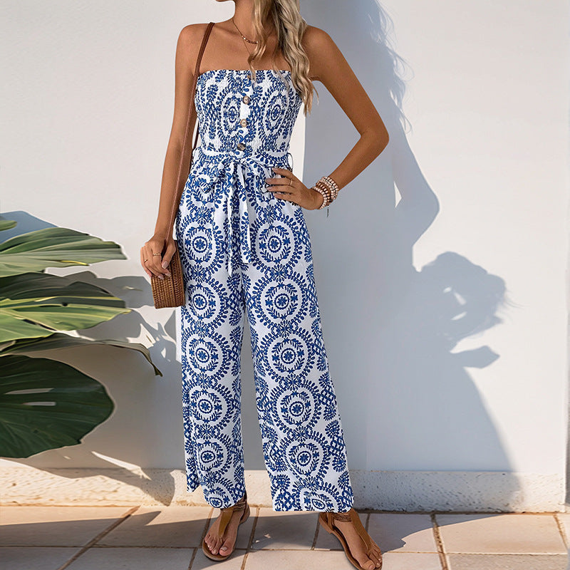 Women's Jumpsuit – Strapless – Wide Legs – Light and Breathable – Elastic Waist with Drawstring