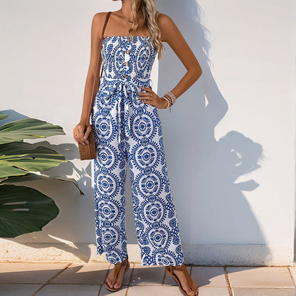 Women's Jumpsuit – Strapless – Wide Legs – Light and Breathable – Elastic Waist with Drawstring