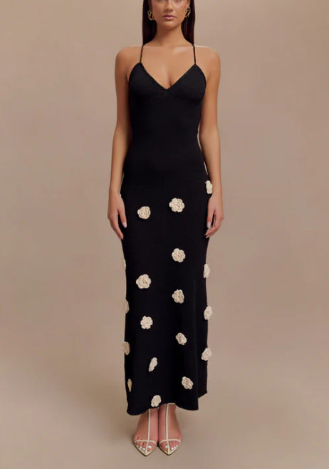 Women's Slip Dress – Slim Fit – Soft Knit – 3D Flowers – Open Back with Tie Strings