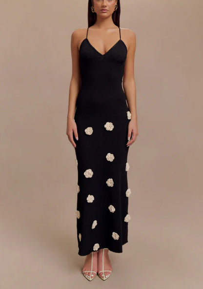 Women's Slip Dress – Slim Fit – Soft Knit – 3D Flowers – Open Back with Tie Strings