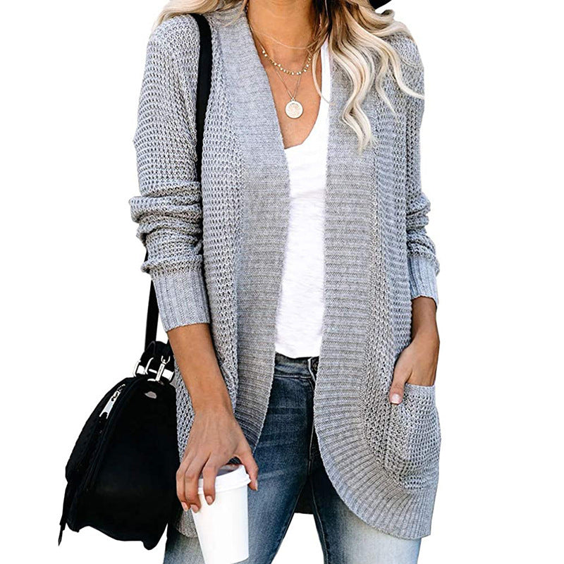 Women's Cardigan – Relaxed Fit – Knitted Texture – V-Neck – Open Front with Pockets