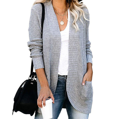 Women's Cardigan – Relaxed Fit – Knitted Texture – V-Neck – Open Front with Pockets