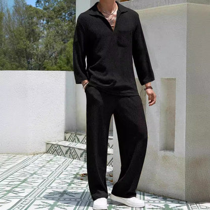 Men's loungewear set – relaxed fit – ribbed texture – long-sleeved shirt & pants