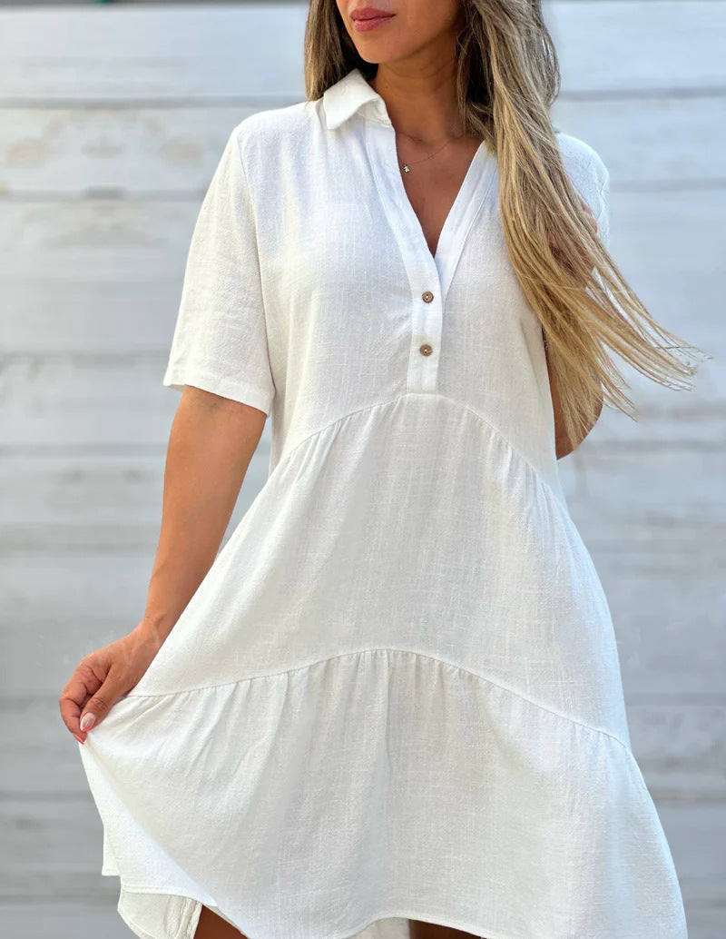 Women's Swing Dress – Natural Fibers – Relaxed Fit – Short Sleeve – Button Closure