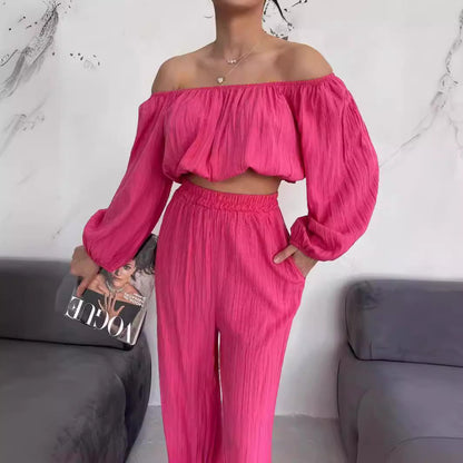 Dame Sæt – Off-Shoulder Crop Top med Lange Ærmer – Højtaljede Vide Bukser