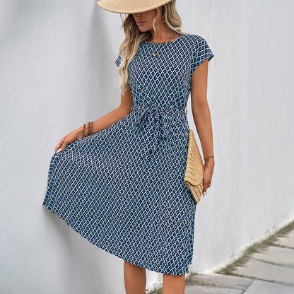 Dress for Women – Midi Length – Relaxed Fit – Tie Belt – Short Sleeve – Graphic Pattern – Breathable Lightweight Texture