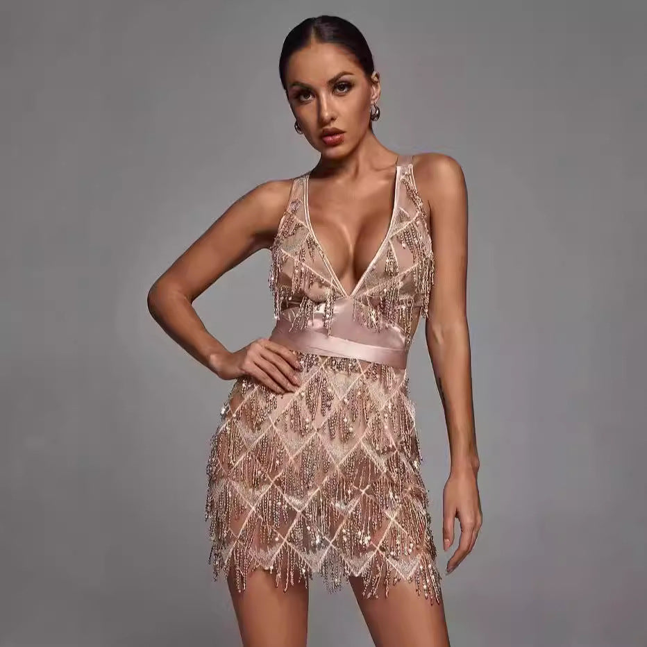 Dress for Women – Midi – Fitted – Deep V-neck – Sequins and Fringes