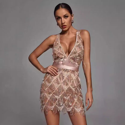 Dress for Women – Midi – Fitted – Deep V-neck – Sequins and Fringes