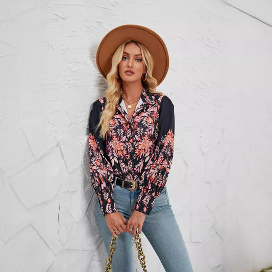 Women's Blouse – Relaxed Fit – Button Closure – Stand Collar – Floral Pattern – Long Sleeves