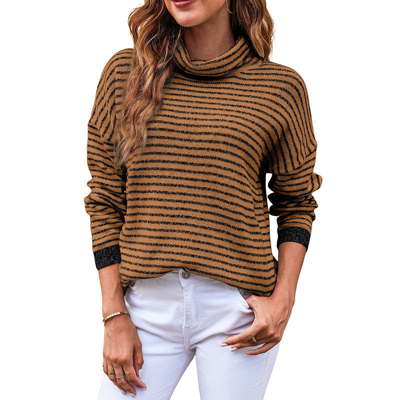 Women's Turtleneck Knit Sweater – Relaxed Fit – Wool Texture – Striped – Ribbed Edges