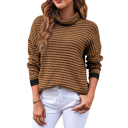 Women's Turtleneck Knit Sweater – Relaxed Fit – Wool Texture – Striped – Ribbed Edges