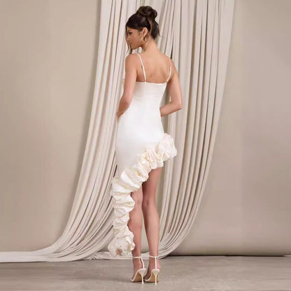 Women's Evening Dress – Slim Fit – Satin – Asymmetric Ruched Design – Spaghetti Straps