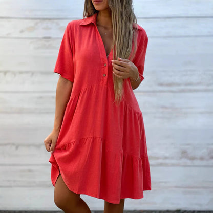 Women's Swing Dress – Natural Fibers – Relaxed Fit – Short Sleeve – Button Closure