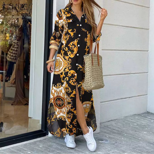 Women’s Maxi Shirt Dress – Baroque Print – Button Front – Relaxed Fit Elegance