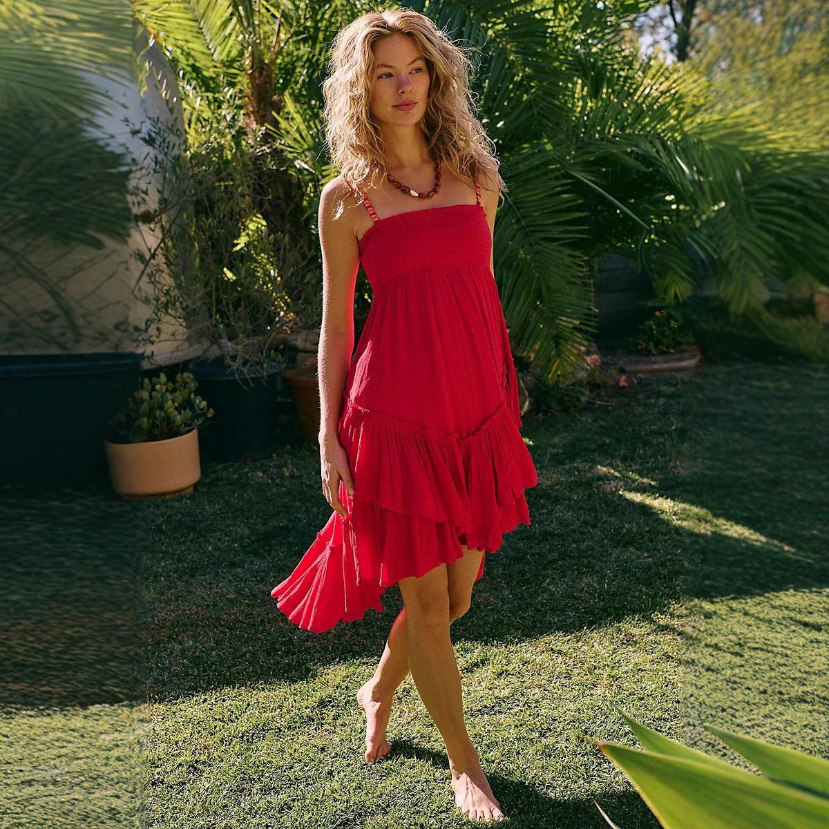 Women's Dress – Strapless with Spaghetti Straps – Light Cotton – Loose Fit – Midi Layered Skirt