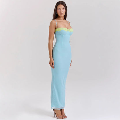Women's Maxi Dress – Slim Fit – Lace Trim – Spaghetti Straps – Sheer Panel