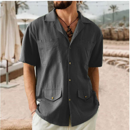 Men's Shirt with Short Sleeves – Relaxed Fit – Cotton/Linen – 4 Pockets – Notched Collar