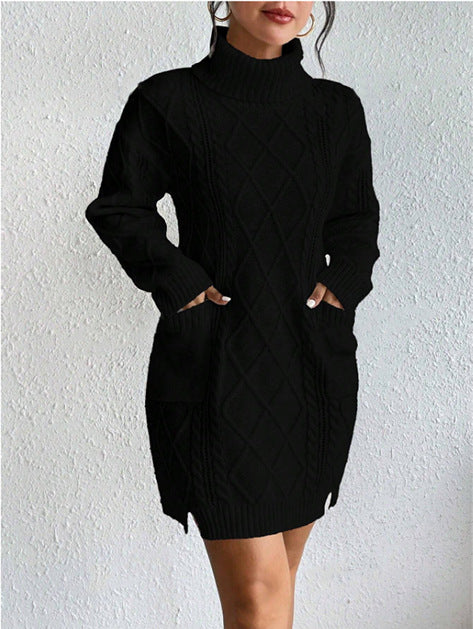 Women's Knit Dress – Slim Fit – Cable Knit – High Neck – Long Sleeves – Ribbed Hem