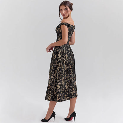 Dress for Women – Lace – Off-Shoulder – Open Back – Fitted Cut – Long Model