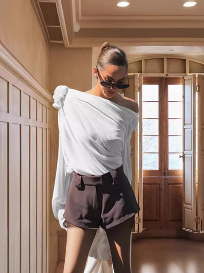 Women's Blouse - Asymmetric One-Shoulder - Elegant Draped Design - Floral Detail