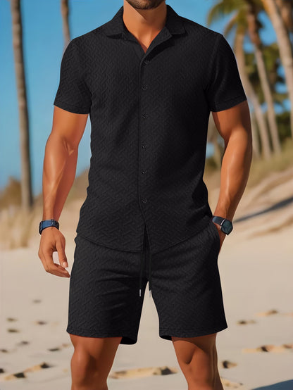 Men's Set with Shirt and Shorts – Slim Fit – Embossed Texture – Breathable Design