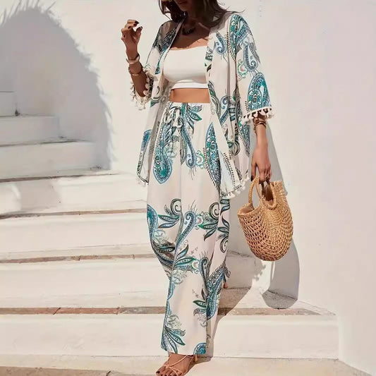 Women's Kimono Set – Wide-Legged Pants – Cardigan Top – Paisley Print – Breathable Material