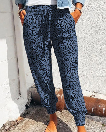 Women's Jogging Pants - Leopard Pattern - Elastic Waist with Drawstring - Breathable and Comfortable