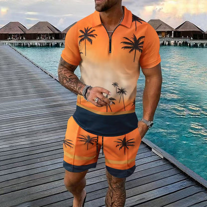 Men's Sports Set – Slim Fit – Breathable Lightweight Material – Zip Neck – Tropical Pattern