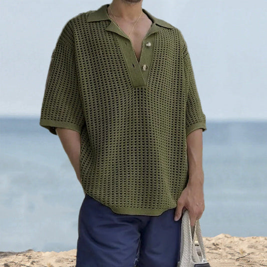 Herresweater – Åbenstrikket – Oversized Pasform – Korte Ærmer – Notch Revers