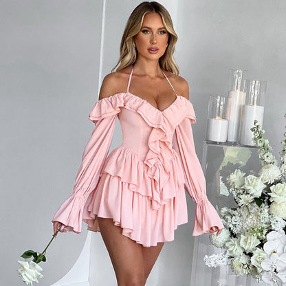 Women's Romper – Flowy Fit – Halterneck – Deep V-neck – Long Sleeves with Ruffles