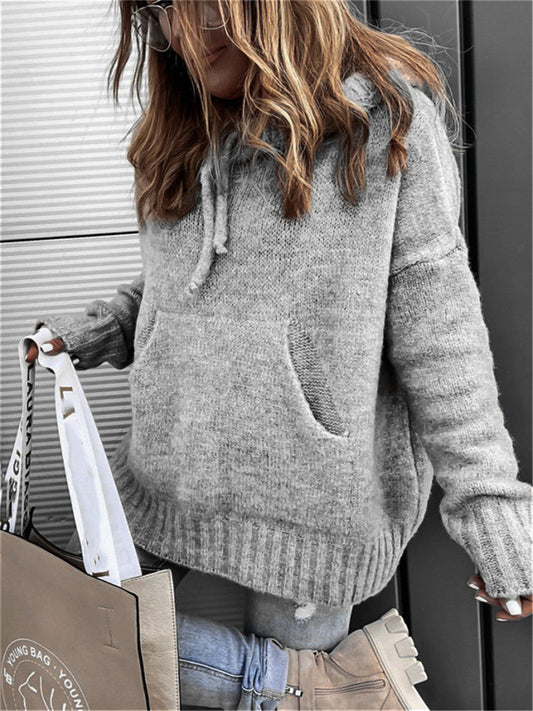 Dame Hoodie Pullover – Oversize Pasform – Strikstruktur – Snørekrave – Kængurulomme