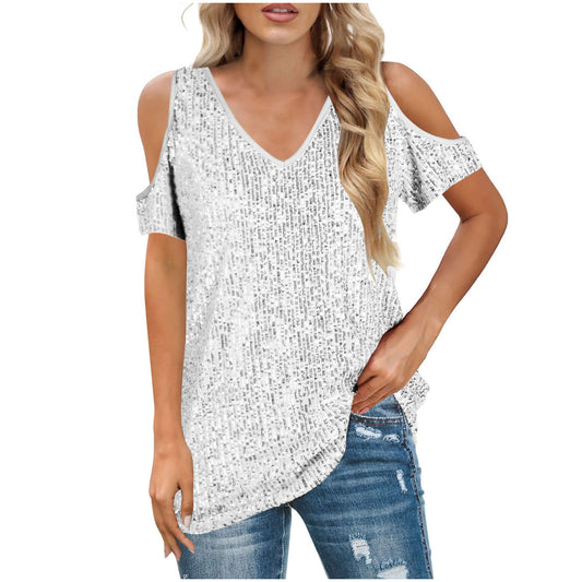 Women's Top with V-Neck – Relaxed Fit – Cold Shoulder – Sequins – Short Sleeves