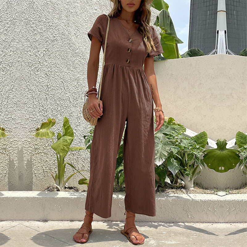 Dame Jumpsuit – Hørblanding – Afslappet Pasform – Korte Ærmer – Vide Ben – Knaplukning