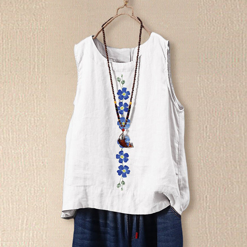 Women's Sleeveless Blouse – Relaxed Fit – Floral Embroidery – Lightweight and Breathable