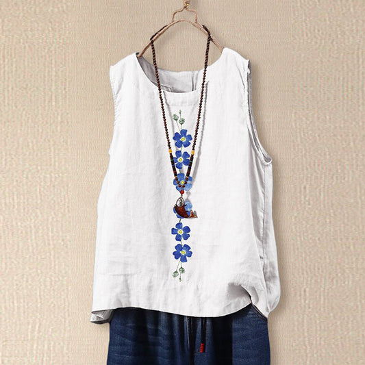 Women's Sleeveless Blouse – Relaxed Fit – Floral Embroidery – Lightweight and Breathable