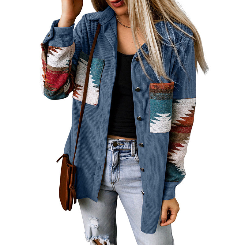 Women's Cardigan Jacket – Corduroy – Relaxed Fit – Aztec Pattern – Button Closure