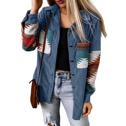 Women's Cardigan Jacket – Corduroy – Relaxed Fit – Aztec Pattern – Button Closure