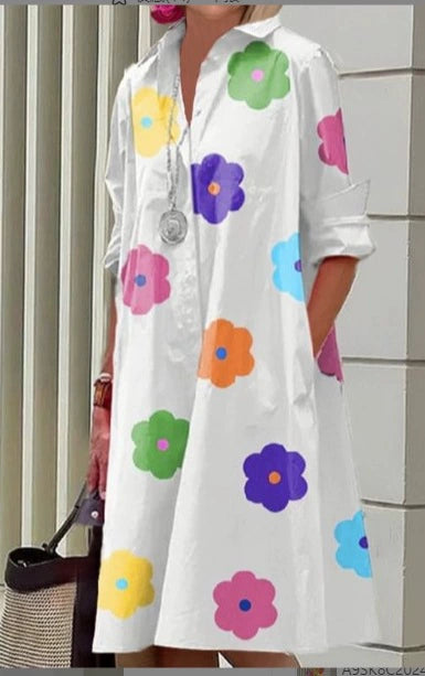 Women’s Shirt Dress – Artistic Floral Print – Relaxed Fit – Button Front – Pocket Detail