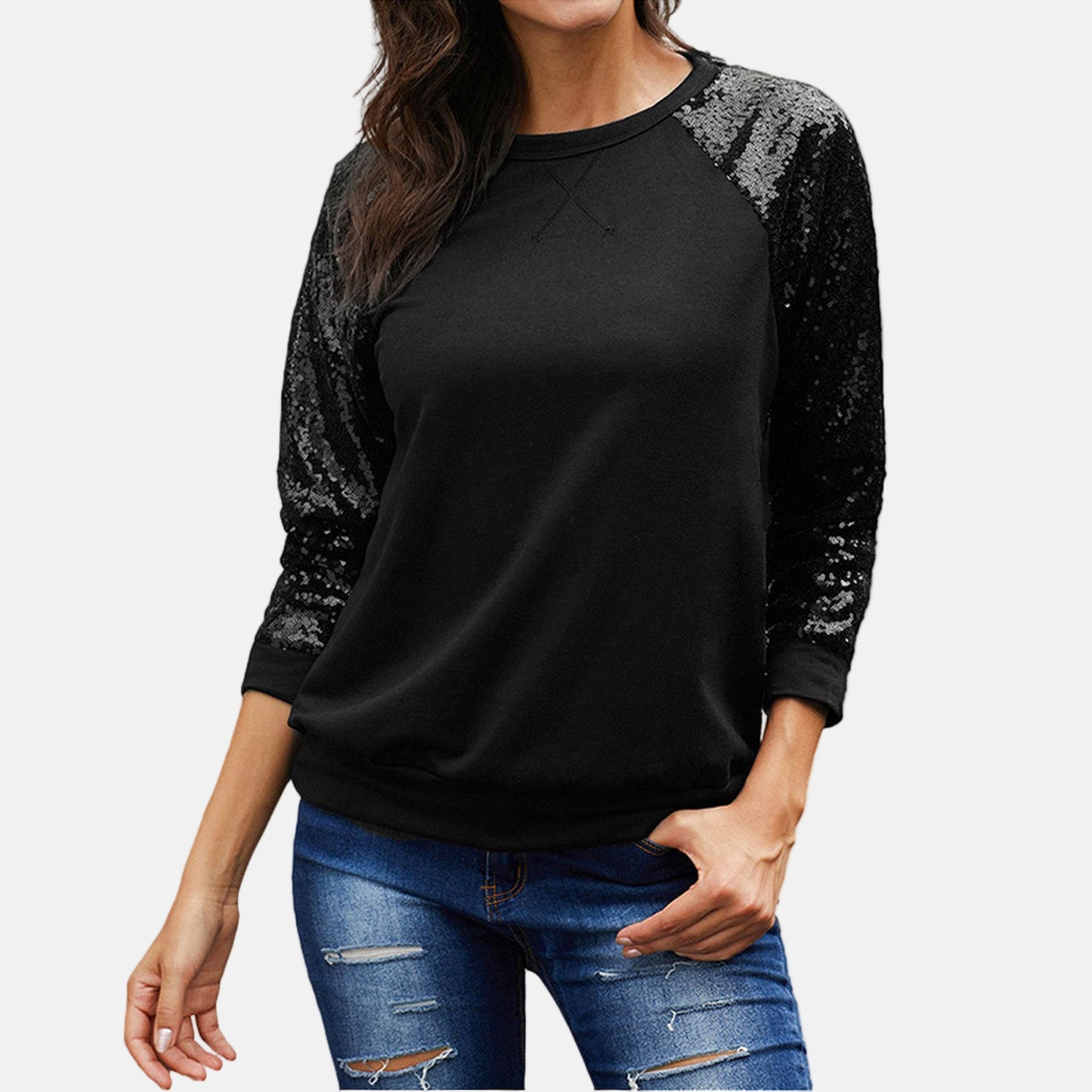 Elena Sequin Sleeve Relaxed Fit Sweatshirt | Crewneck Sparkle Detail Pullover