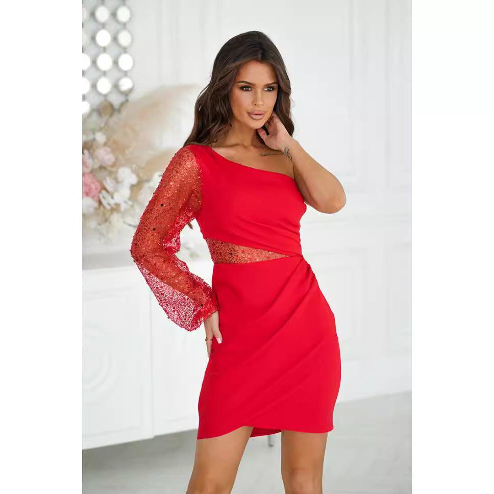 Dress for Women – Mini Length – Bodycon Fit – One Shoulder – Sequin Sleeve – Cutout