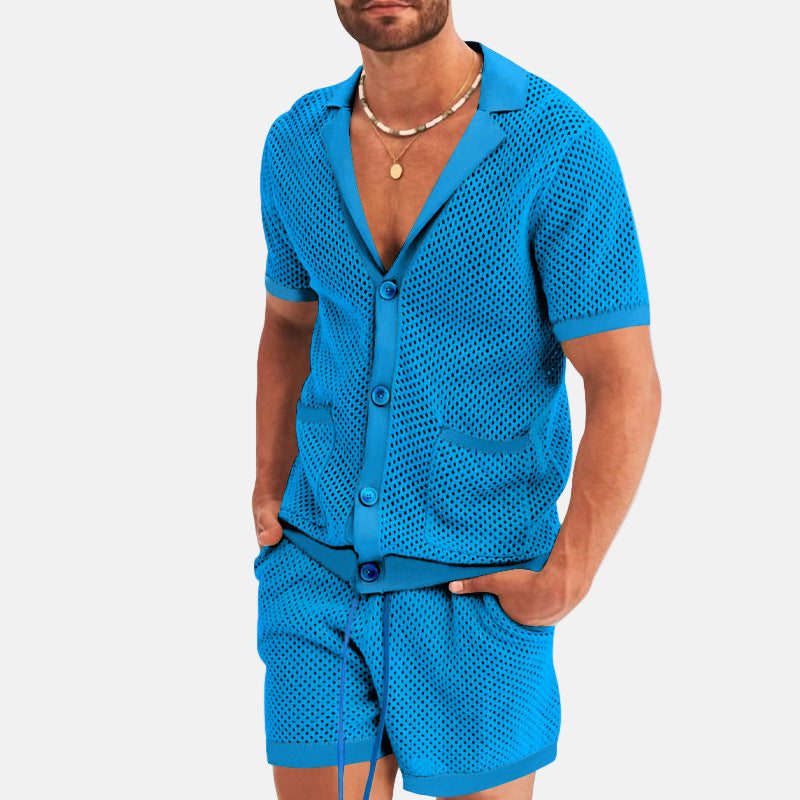 Men's set - Mesh button shirt and shorts - Summer outfit