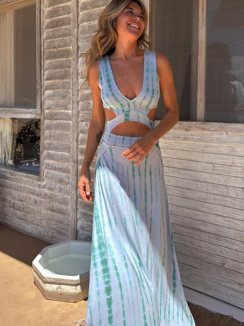 Women's Maxi Dress – Slim Fit – V-Neck – Waist Cutouts – Lightweight and Breathable