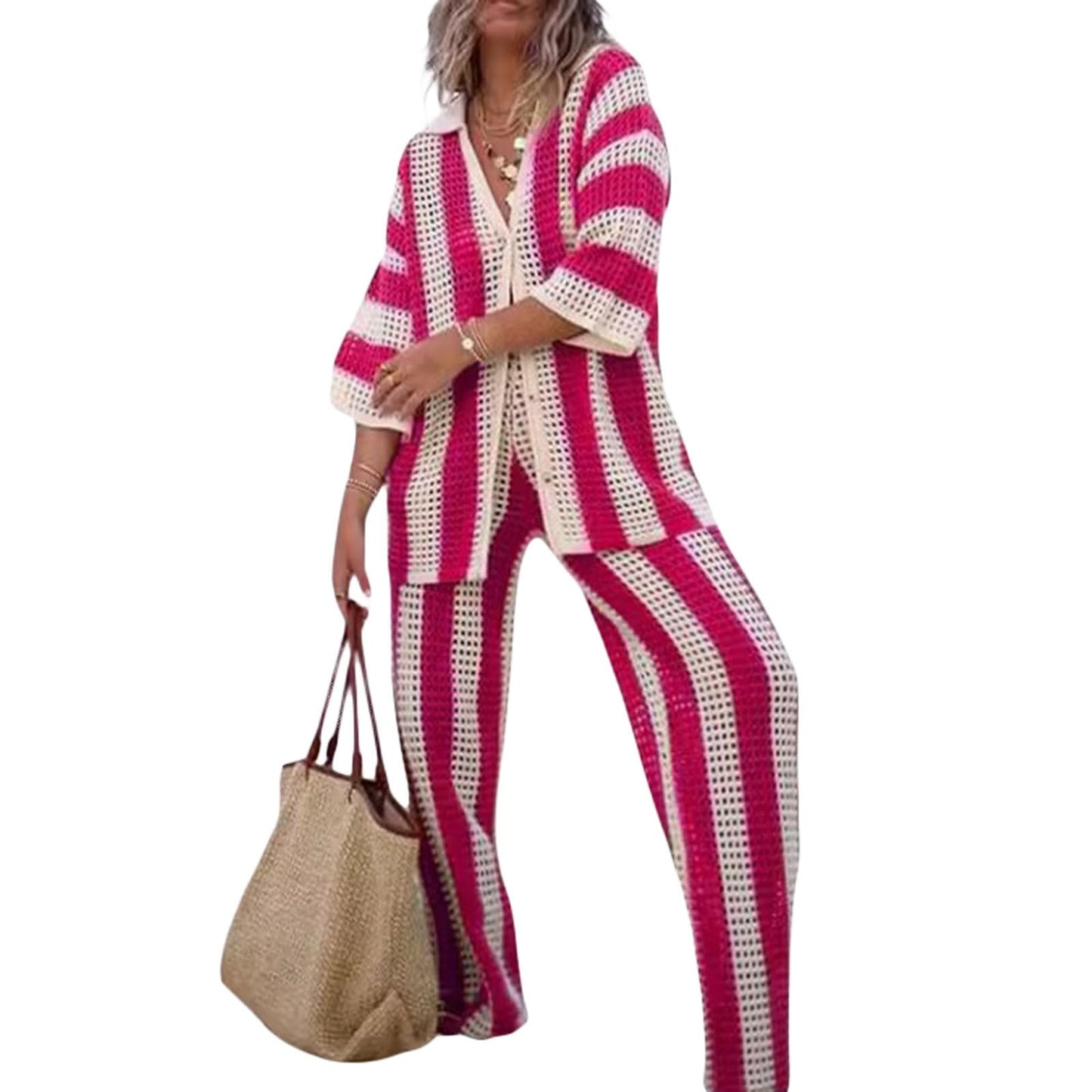 Women's Set – Oversized V-neck Top and Wide Pants – Breathable Textured Knit