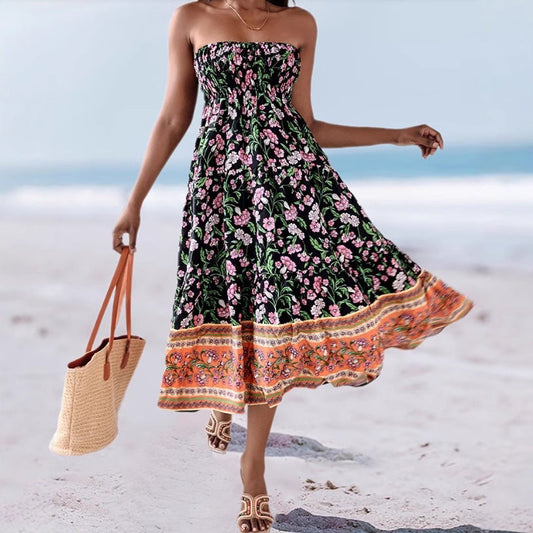 Women's Strapless Dress – Cotton Blend – Floral Print – Wide Silhouette – Midi Length