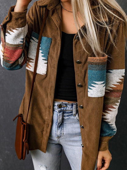 Women's Cardigan Jacket – Corduroy – Relaxed Fit – Aztec Pattern – Button Closure