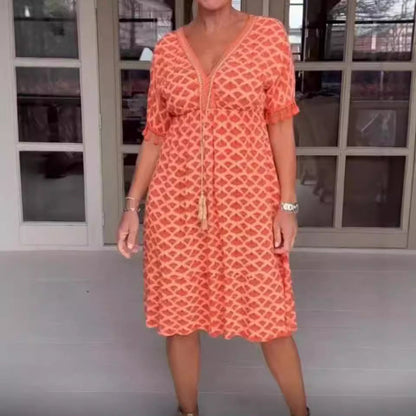 Women's Midi Dress – Loose Fit – V-Neck with Tassels – Short Fringe Sleeves – Geometric Pattern